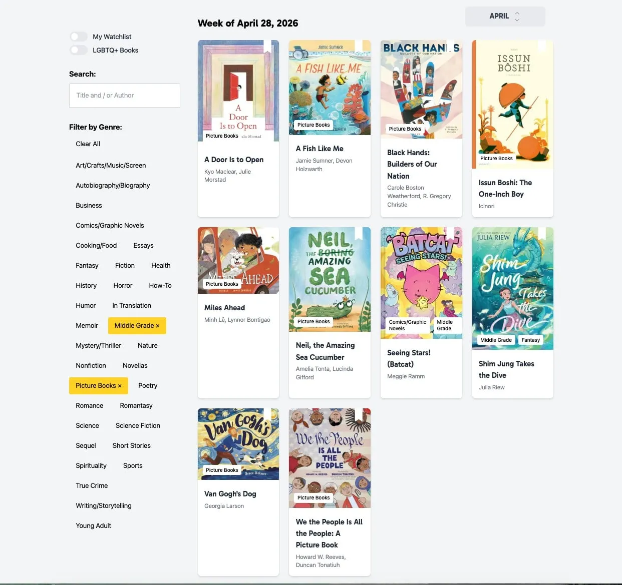 a screenshot of the New Release Index in April, filtered by children's books